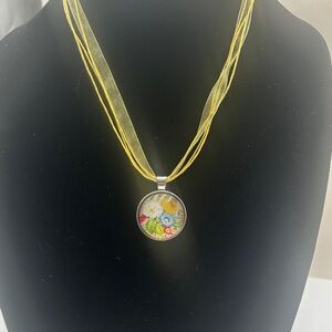 Yellow Floral Pendant Necklace with Multicolor Bouquet